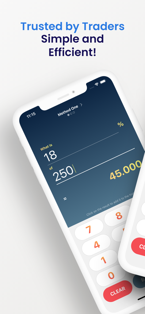 Percentage Calculator - Calc % - Interfaz de la aplicación Percentage Calculator en un smartphone mostrando un cálculo de porcentaje simple y un teclado numérico