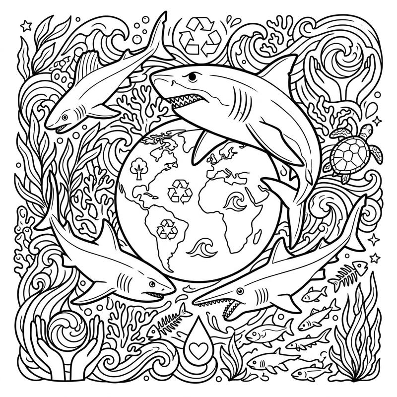 Journey to the depths of time and celebrate our planet with this unique coloring page featuring magnificent extinct sharks. This design beautifully blends ancient marine life with vital Earth Day messages of ocean preservation.