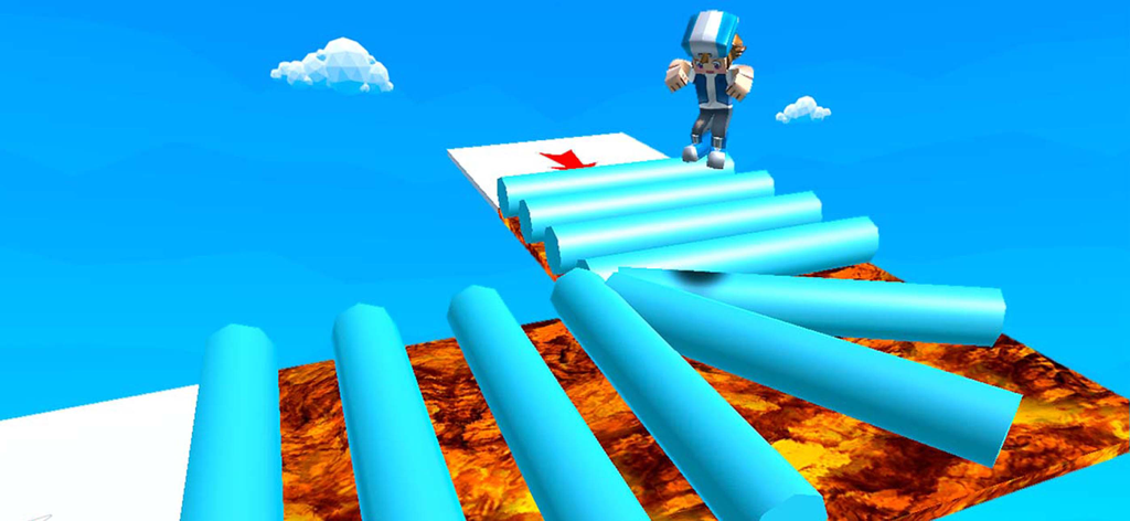 A blocky character jumping on blue cylinders over a lava floor in an offline obby parkour game