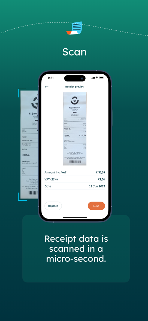Declaree-App-Oberfläche zeigt eine Belegvorschau und extrahierte gescannte Daten auf einem Smartphone-Bildschirm