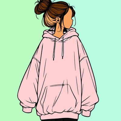 realistic girl with a oversized sweatshirt on and a bun