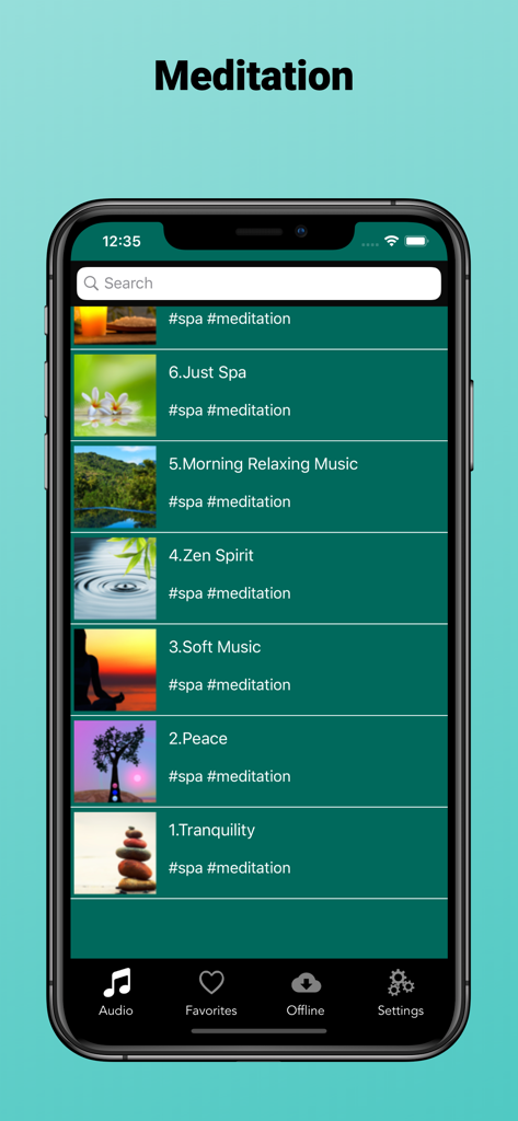 iPhone screen displaying a list of meditation and relaxation music tracks like Zen Spirit and Tranquility within the app interface