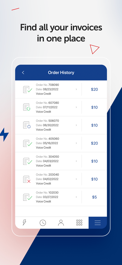 KeepCalling International - L'écran d'historique des commandes de l'application KeepCalling affiche les montants et les dates des achats de crédit vocal.