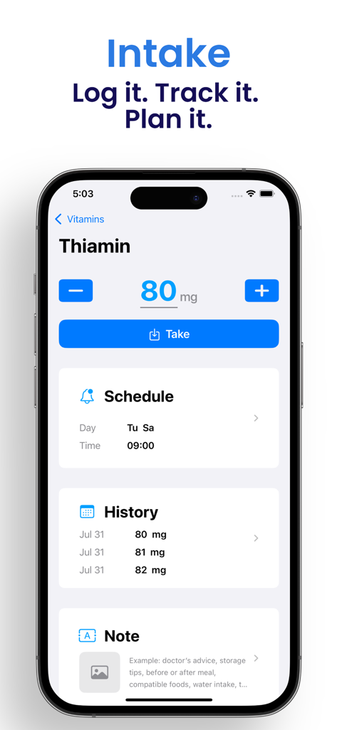 Vitamin: Track, Log & Schedule - Exibição de smartphone da interface do aplicativo Vitamin para registrar a ingestão de tiamina com configurações de dosagem e agendamento.