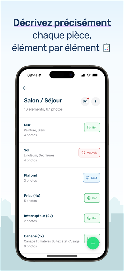 nockee - États des lieux - Mobile interface of the nockee app showing a detailed room inspection list with status indicators and photo counts for a living room