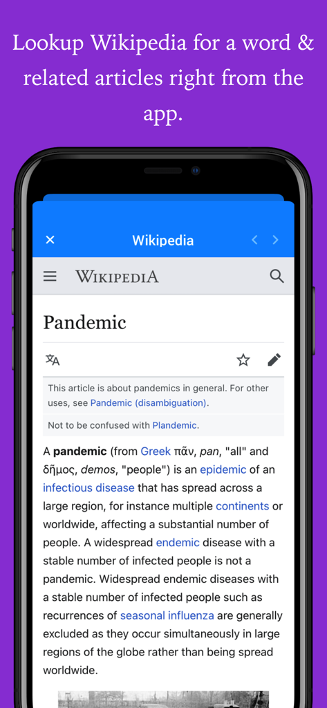 English dictionary app screen showing a Wikipedia article for the word pandemic