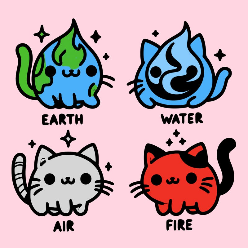 4 cats that represent the different elements, earth, water, air, and fire