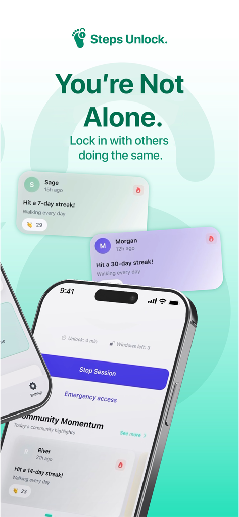 Steps Unlock app interface displaying community walking streaks and active session details