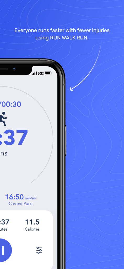 Jeff Galloway Run Walk Run - Smartphone screen showing the Jeff Galloway Run Walk Run app timer and workout stats.