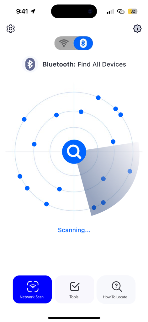 WiFi Network Scanner, Analyzer - Interfaz de radar de aplicación móvil escaneando dispositivos Bluetooth cercanos