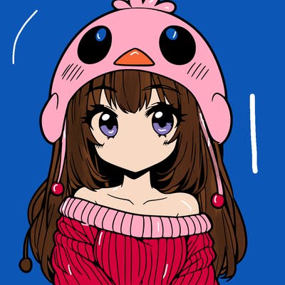 anime girl with chick shaped hat with sweater with bare shoulders with bangs covering them one eye with low tail