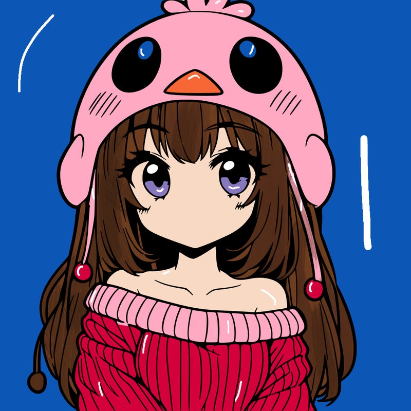 anime girl with chick shaped hat with sweater with bare shoulders with bangs covering them one eye with low tail