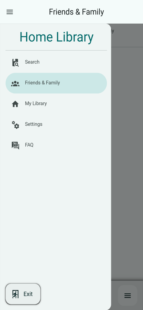 Side navigation menu of the Home Library Catalog app showing search library and friends options