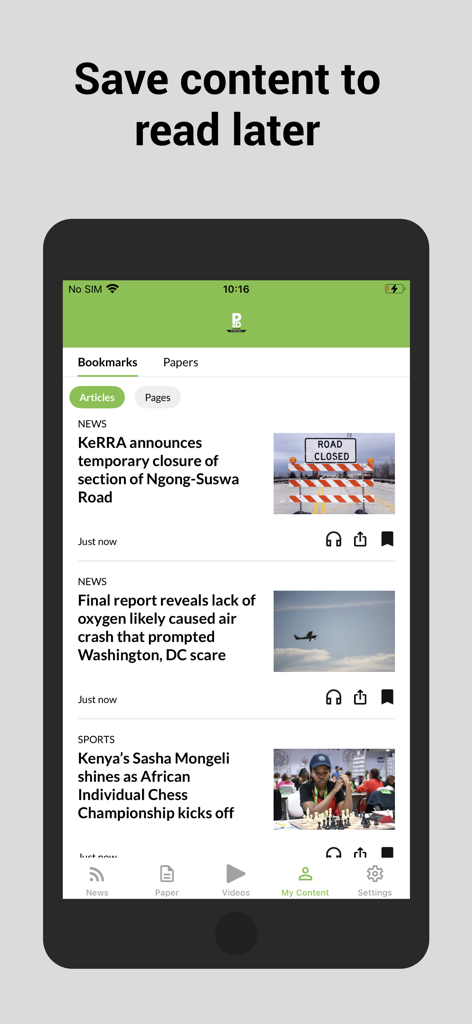 A screenshot of the People Daily ePaper app bookmarks screen showing articles saved for reading later.