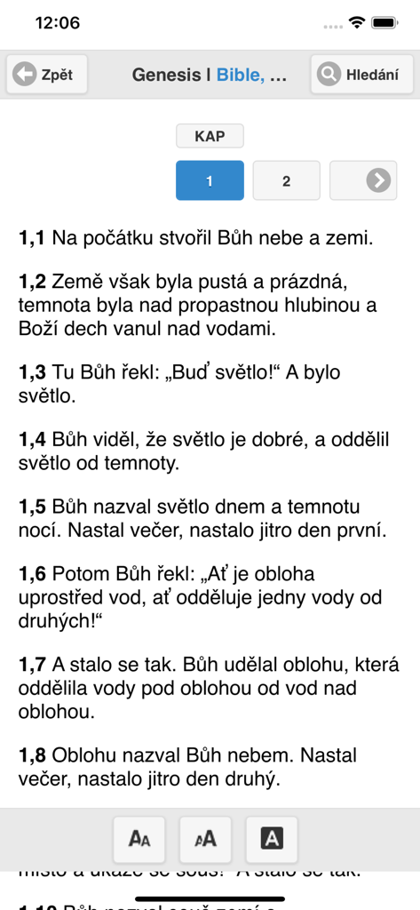 Interface of the Bible CLP app showing the first chapter of Genesis in the Czech liturgical translation