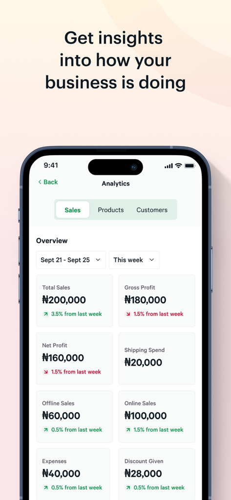 Bumpa - Manage Orders Easily - Bumpa-App-Business-Analytics-Dashboard mit Verkaufs-, Gewinn- und Ausgabenmetriken auf einem Smartphone
