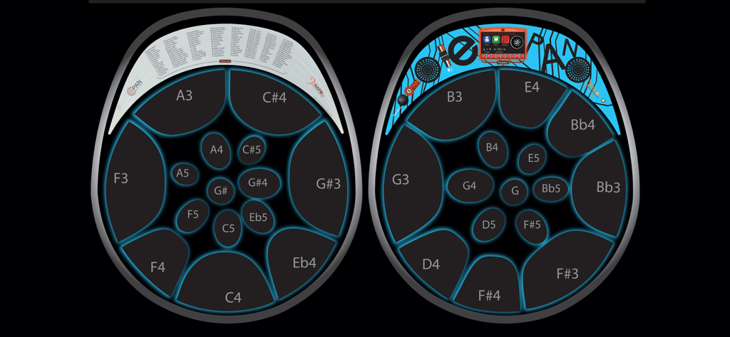 Steelpan App PRO V2 - Digital steelpan layout showing professional note mappings and E-Pan interface