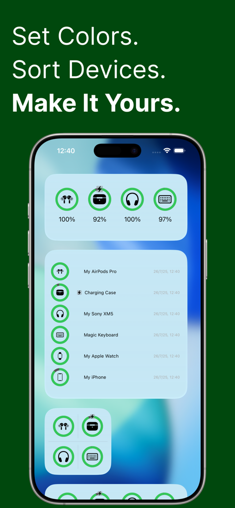 Battery Widget: PowerToYou - Customizable PowerToYou battery widgets on an iPhone displaying battery levels for multiple connected devices.