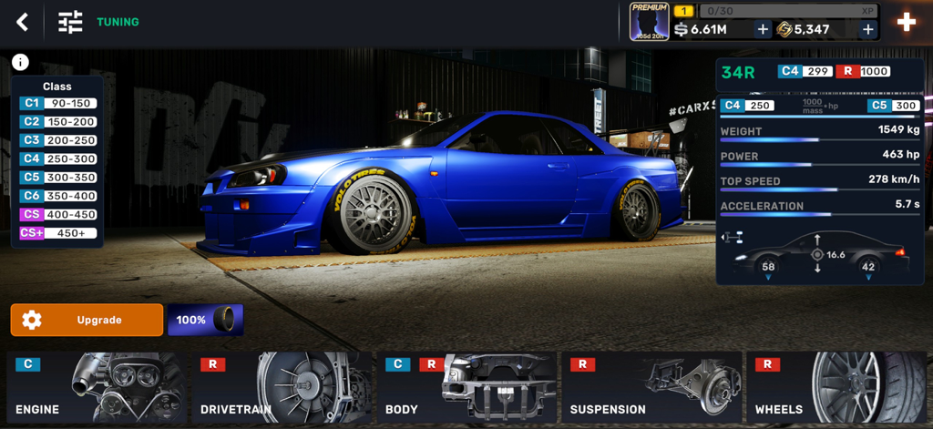 Car tuning menu in CarX Street showing performance upgrades and vehicle stats for a blue sports car