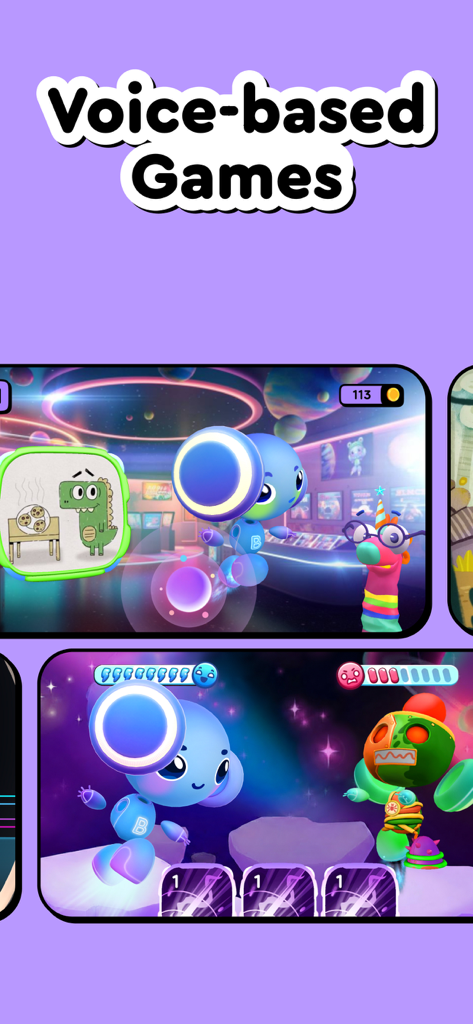 Screenshots of interactive voice-based educational games for children featuring Buddy the AI robot