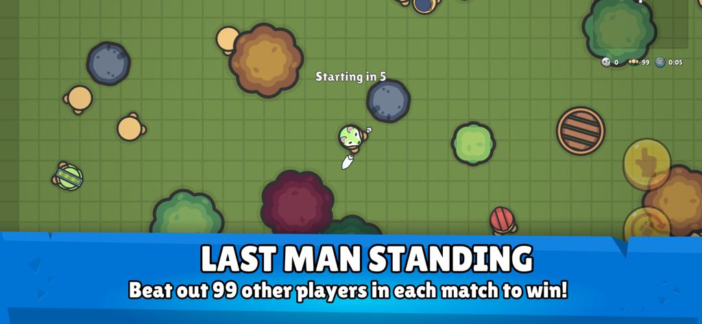 ZombsRoyale.io top-down 2D battle royale gameplay showing players on a green map with the text Last Man Standing.