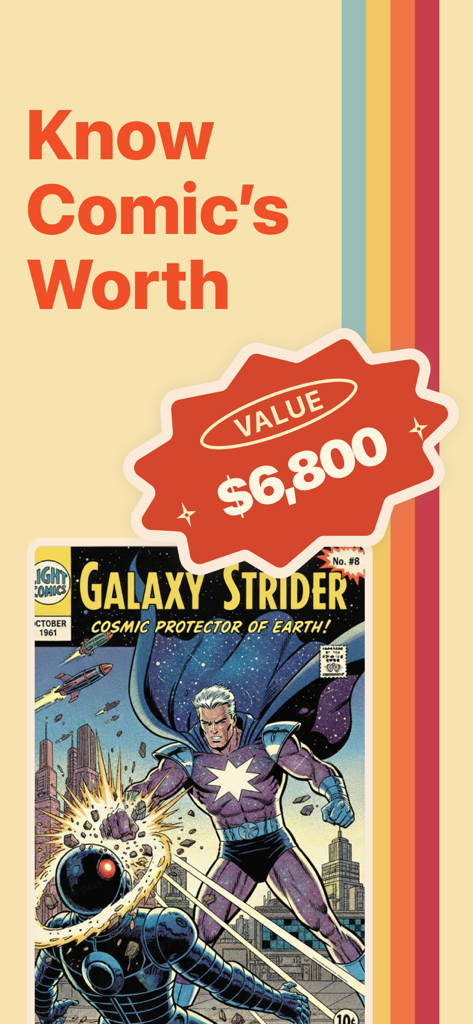 ComicSnap: Identify Comic Book - Interfaz de la aplicación ComicSnap mostrando el valor de mercado de un cómic de Galaxy Strider