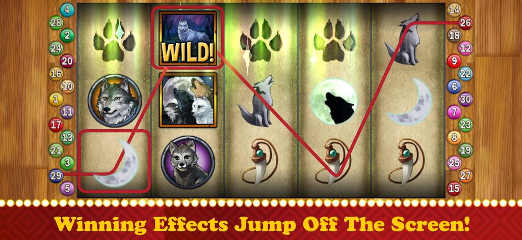 Screenshot di gioco di una slot a tema lupo con una linea di pagamento vincente ed effetti entusiasmanti.