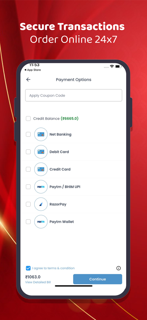 RetailerShakti app payment options screen featuring secure digital payment methods for pharmacy inventory orders