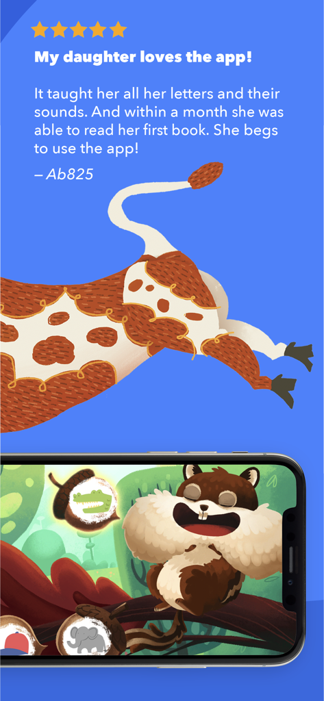 Phonics Museum - Learn to Read - User testimonial for Phonics Museum app highlighting a child's reading progress and engagement.