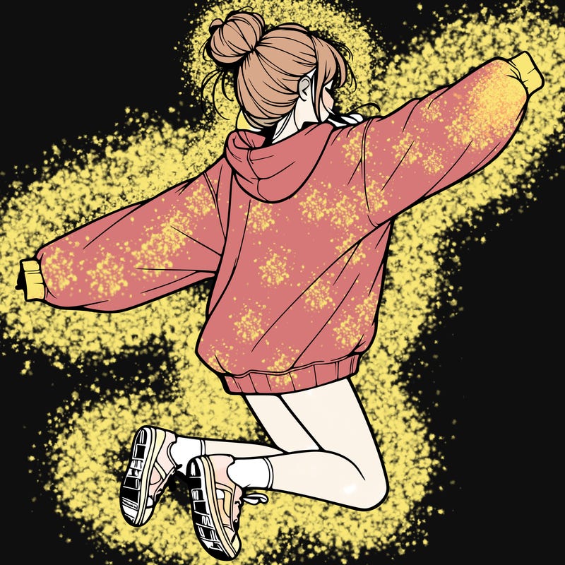 realistic girl jumping with a bun and oversized sweatshirt