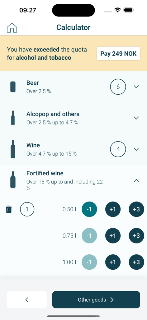 KvoteAppen - KvoteAppen mobile screen showing the customs duty calculator for alcohol and tobacco with a payment notification