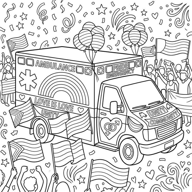 Show your support and celebrate diversity with this unique coloring page featuring an ambulance adorned for Pride Month. It's a vibrant symbol of love, unity, and community, ready for your creative touch.