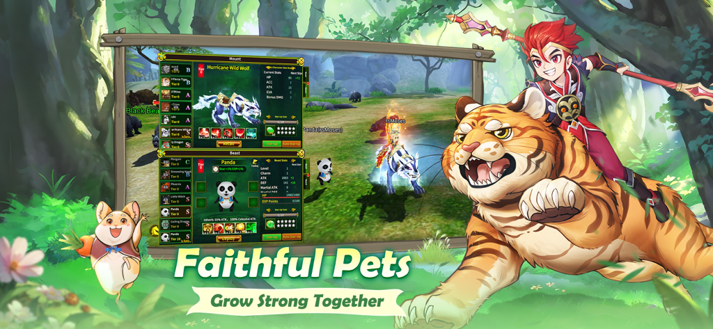 Ruler of the Land - Personnage chevauchant un tigre à côté de l'interface de gestion des familiers et des montures dans Ruler of the Land