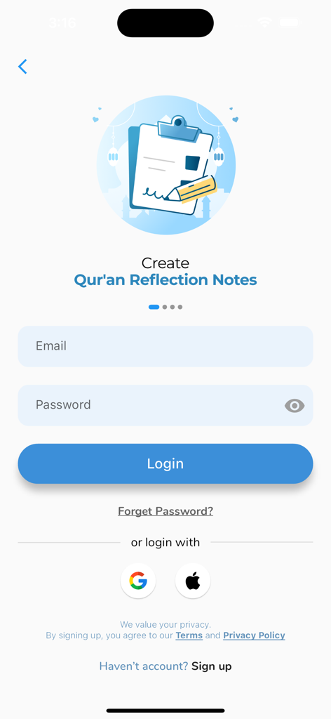 My Islam: Qur'an Prayer Tasbih - Login screen of My Islam app with fields for email and password and a prompt to create Quran reflection notes.
