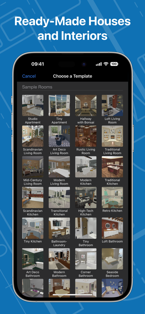 Live Home 3D - House Design - Live Home 3D アプリで、あらかじめデザインされたさまざまな住宅や室内のテンプレートを表示しているスマートフォンの画面