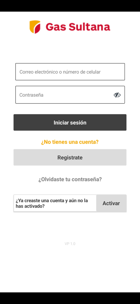Pedidos Gas Sultana - Login screen of the Pedidos Gas Sultana app with fields for email password and registration in Spanish
