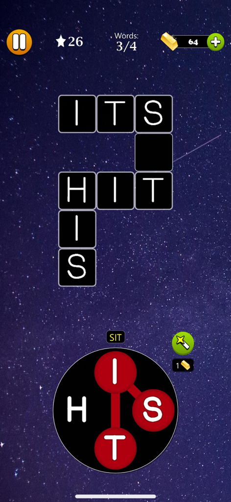 Word Tangle - Word Game - Word Tangle gameplay in dark mode featuring a crossword puzzle and letter wheel on a starry background.