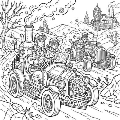 Ignite your creativity with this thrilling Steampunk Rally Drivers coloring page, where Victorian elegance meets mechanical might on a rugged race track. Dive into a world of gears, goggles, and grand adventure, perfect for coloring enthusiasts of all ages.
