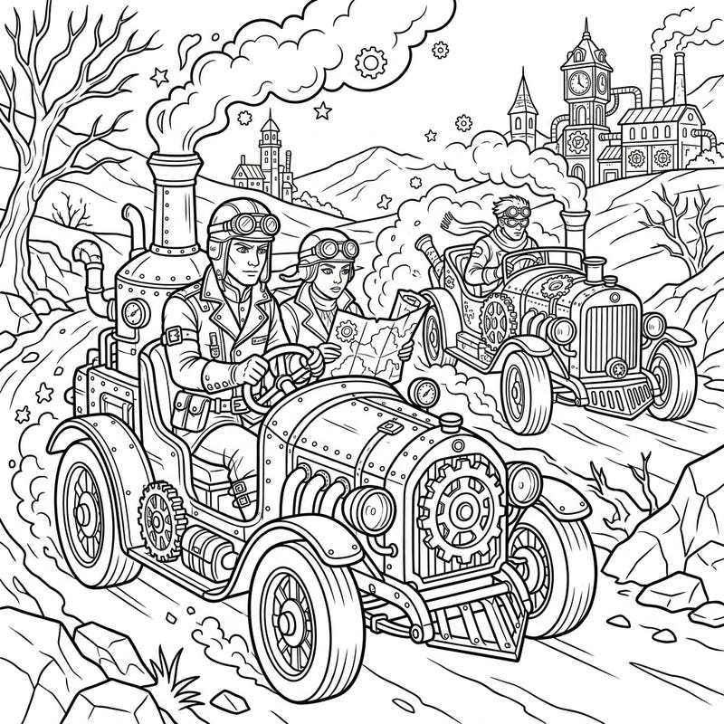 Ignite your creativity with this thrilling Steampunk Rally Drivers coloring page, where Victorian elegance meets mechanical might on a rugged race track. Dive into a world of gears, goggles, and grand adventure, perfect for coloring enthusiasts of all ages.