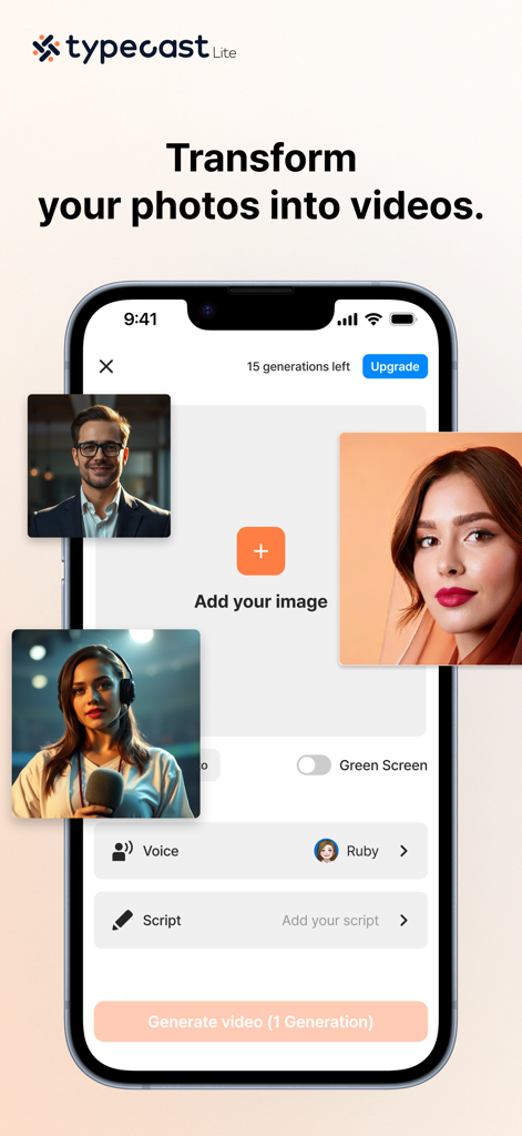 Typecast Lite - AI Voice Maker - Interface of Typecast Lite app showing how to transform photos into videos using AI voices and custom scripts.
