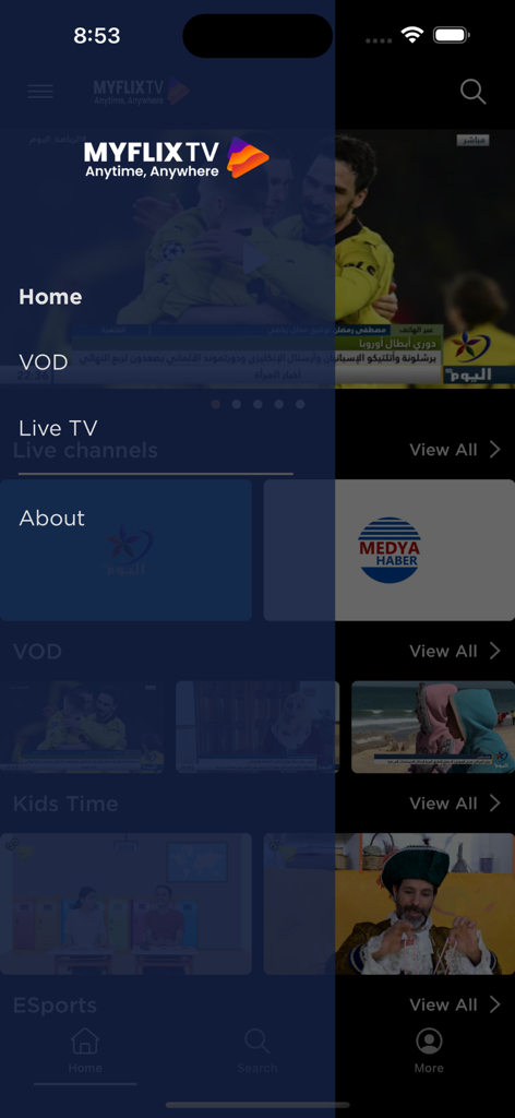The MyFlix TV mobile app interface highlighting the navigation menu and entertainment categories