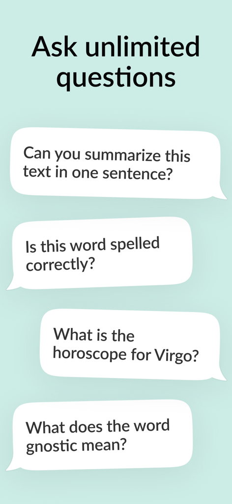 Zapia AI personal assistant app screen showing example questions in a chat interface
