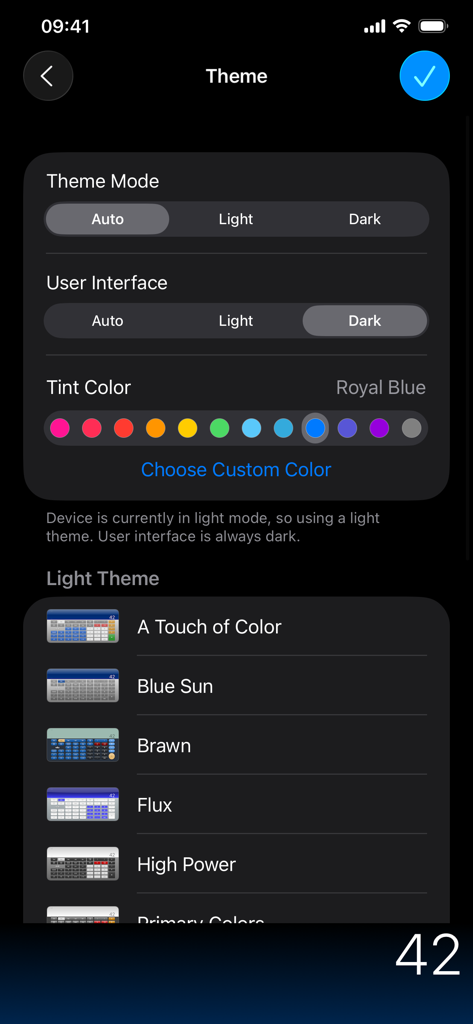 Theme settings in the PCalc app showing options for light or dark mode, tint colors, and various UI presets like Blue Sun and Brawn.