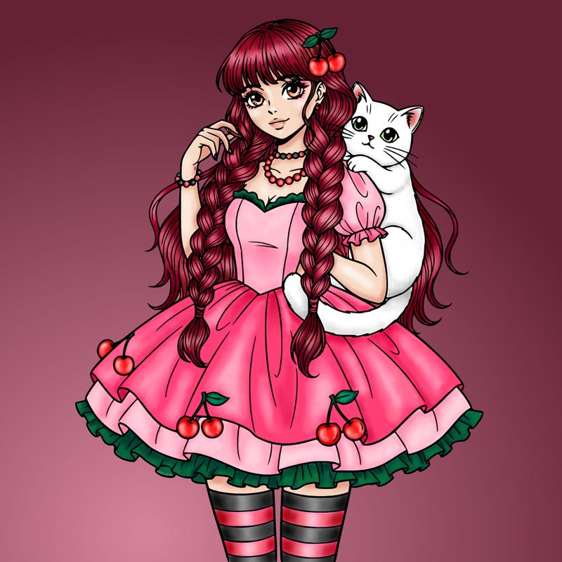 cute manga girl with long full hair in plaits with bangs, her dress is cupcake sweetheart neckline, long striped socks , accessories of cherries and pearls, with a cat around her