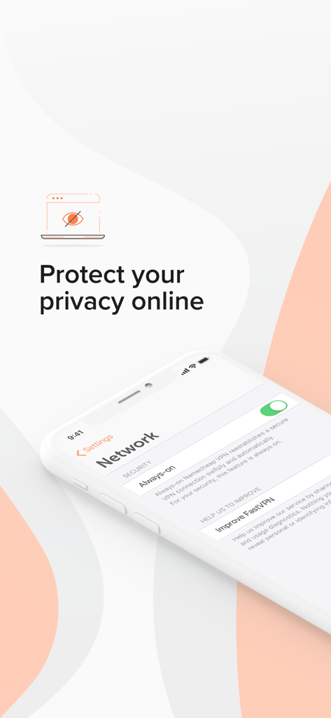 FastVPN app interface showing network settings with always-on privacy protection toggle