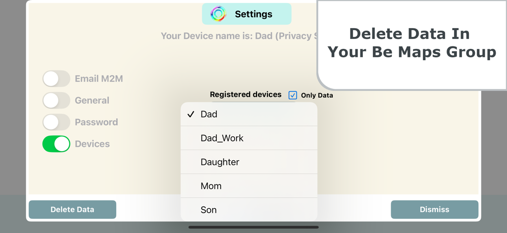 Be-Maps - Interfaz de la aplicación Be-Maps que muestra la configuración de privacidad y un menú desplegable para seleccionar dispositivos familiares para la eliminación de datos