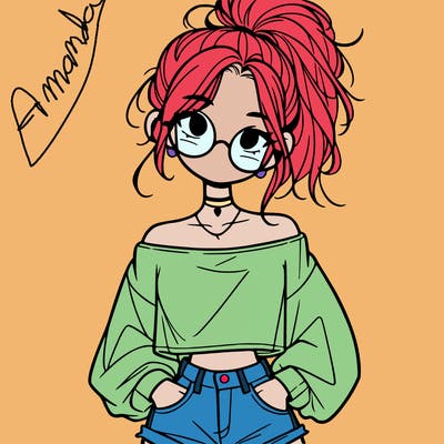 girl with a messy ponytail glasses a baggy crop top and jean shorts