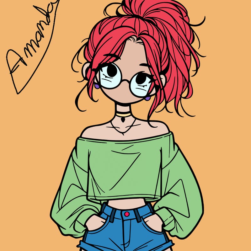 girl with a messy ponytail glasses a baggy crop top and jean shorts