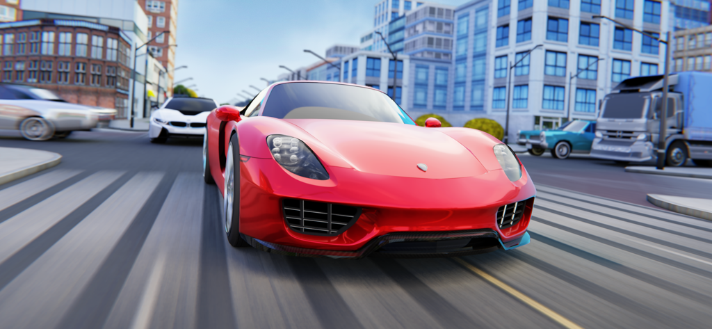 Ein roter Sportwagen fährt durch eine moderne Stadt im mobilen Spielsimulator Drive For Speed.