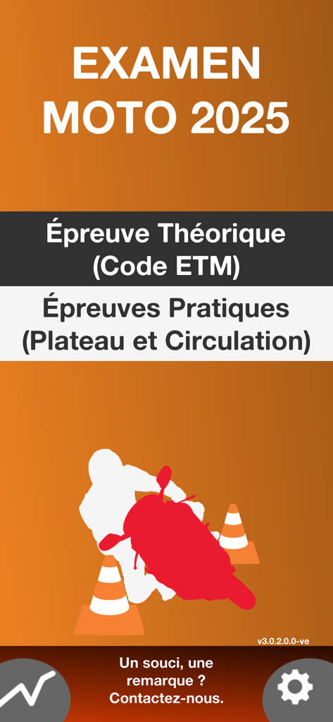 Examen Permis Moto - Code ETM - Écran d'accueil de l'application Examen Permis Moto 2025 avec les sections pour les examens théoriques et pratiques